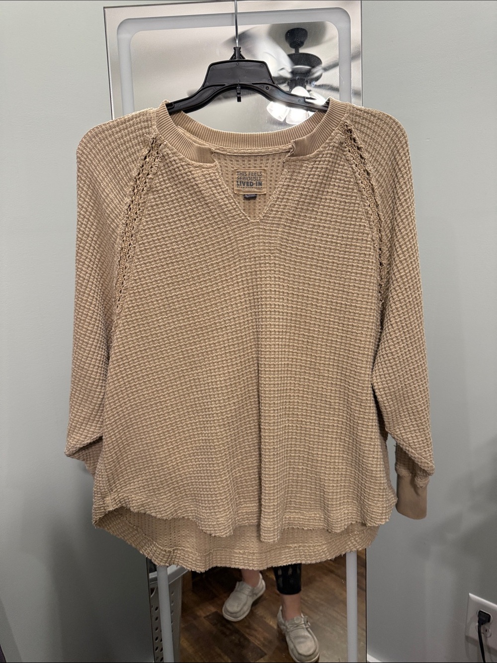 American Eagle Outfitters Beige Waffle-Knit V-Notch Sweater